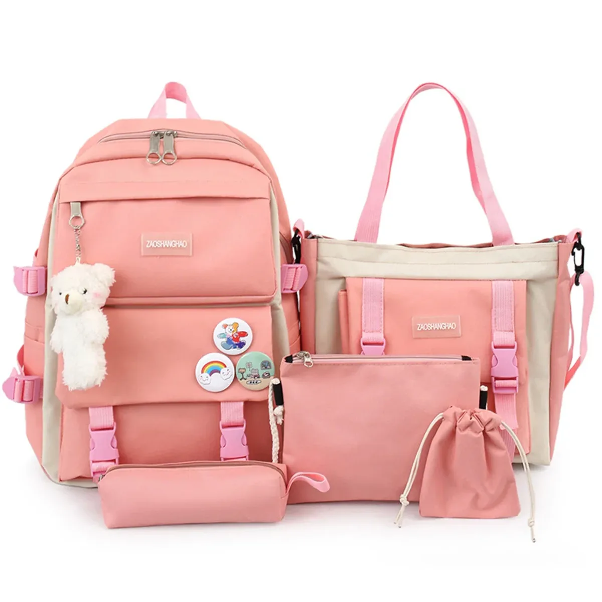 kit de 5 pièces : sac à dos tendance pour femme, grande capacité, imperméable, idéal pour l'université, sac d'école pour ordinateur portable, sac de voyage mignon pour fille.