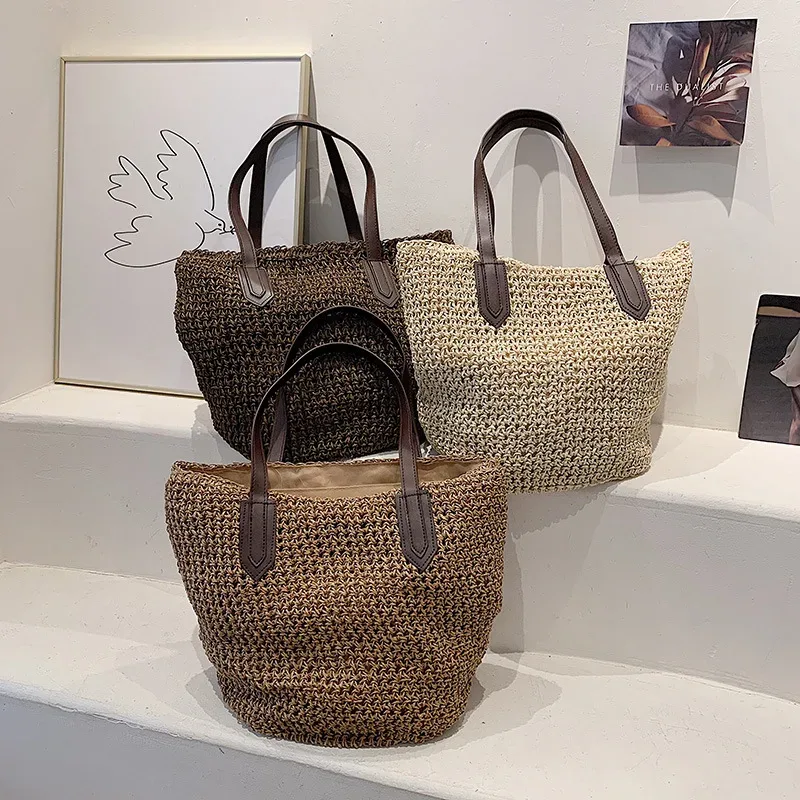 sacs de plage d'été pour femmes, sacs à bandoulière tissés en rotin faits à la main, sac en paille de grande capacité, sac à main bohème décontracté de voyage, fourre-tout