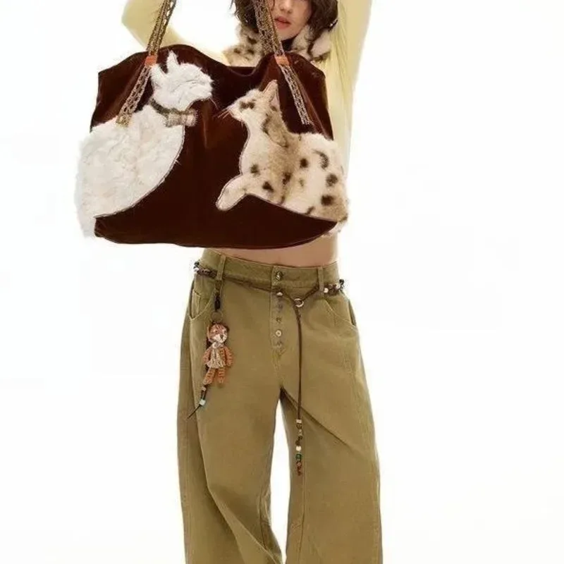 sac fourre-tout en fausse fourrure brodé motif chat, grande capacité, sac à main pour femme, marron, hiver, peluche, sac de voyage, sac boston