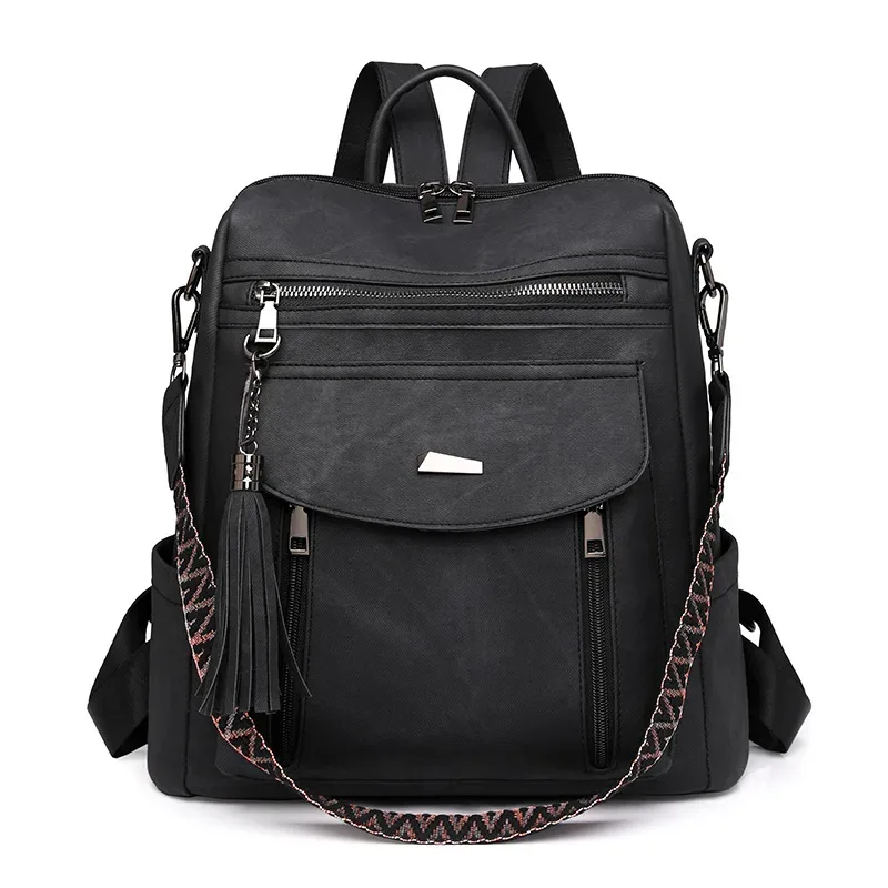 sac à dos en cuir pu pour femmes, étanche, antivol, grande capacité, détail pompon, rétro, voyage, affaires, collège, sac à bandoulière, 2025