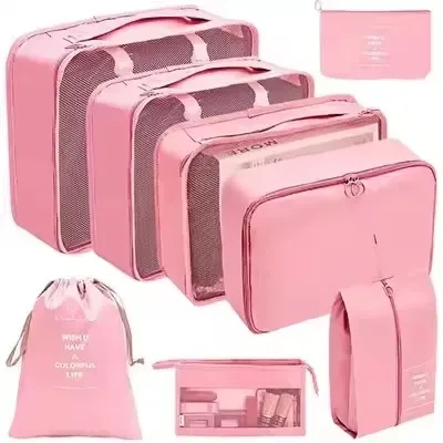 organisateur voyage polyester beige clair sac rangement vêtements chaussures sous-vêtements pochettes transparentes cubes modularité transport