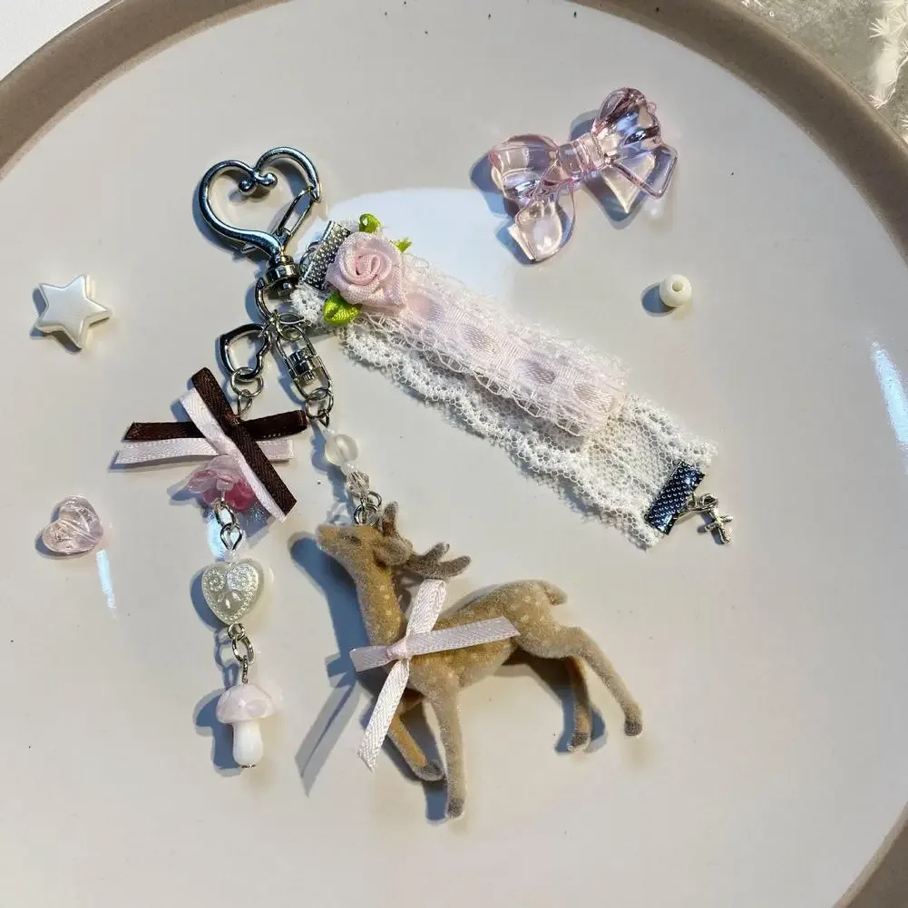 Porte-clés Cerf Coquette Adorable avec Nœud en Ruban de Dentelle, Breloque de Sac, Pendentif Faon Kawaii, Accessoires pour Sac à Dos, Cadeau pour Femme