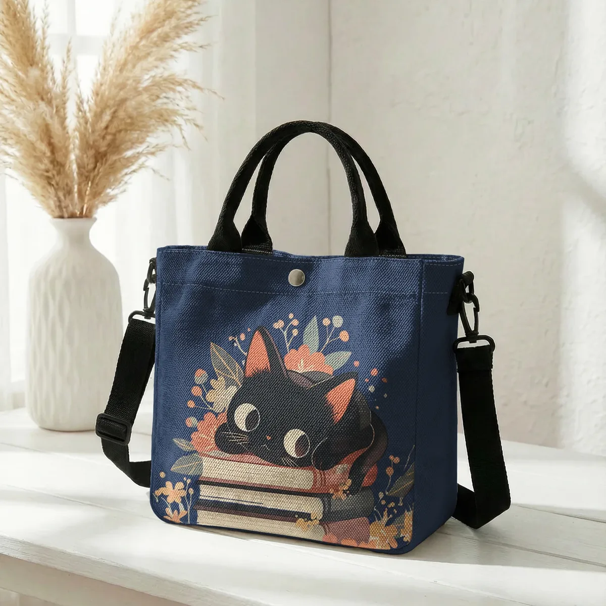 sac fourre-tout à imprimé floral avec chat noir mignon empilé sur des livres, sac à bandoulière détachable pour femme, idéal pour le shopping quotidien