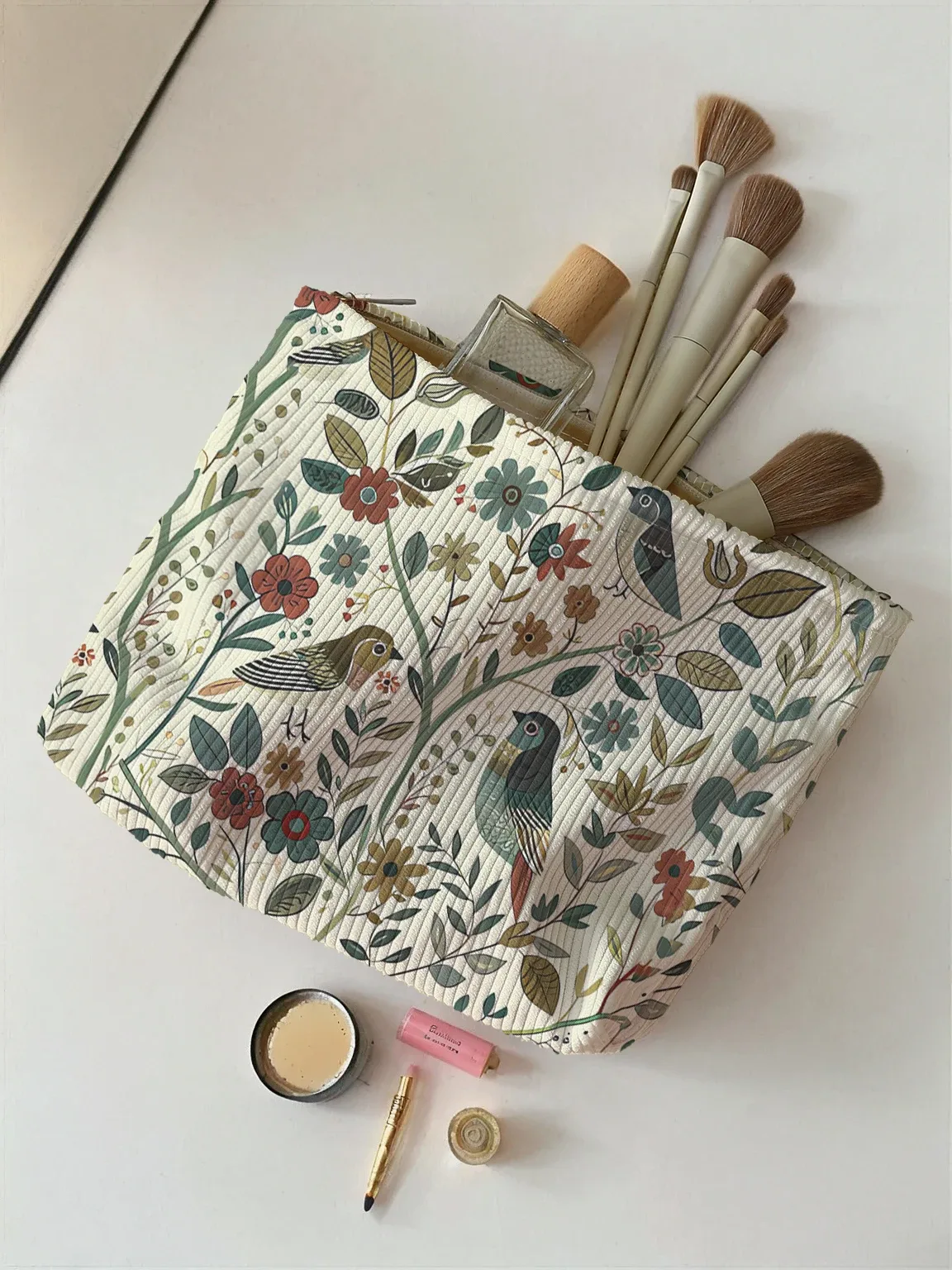1 pièce, trousse de maquillage en velours côtelé avec motif d'oiseaux et de branches, légère et multifonctionnelle pour le rangement des cosmétiques.
