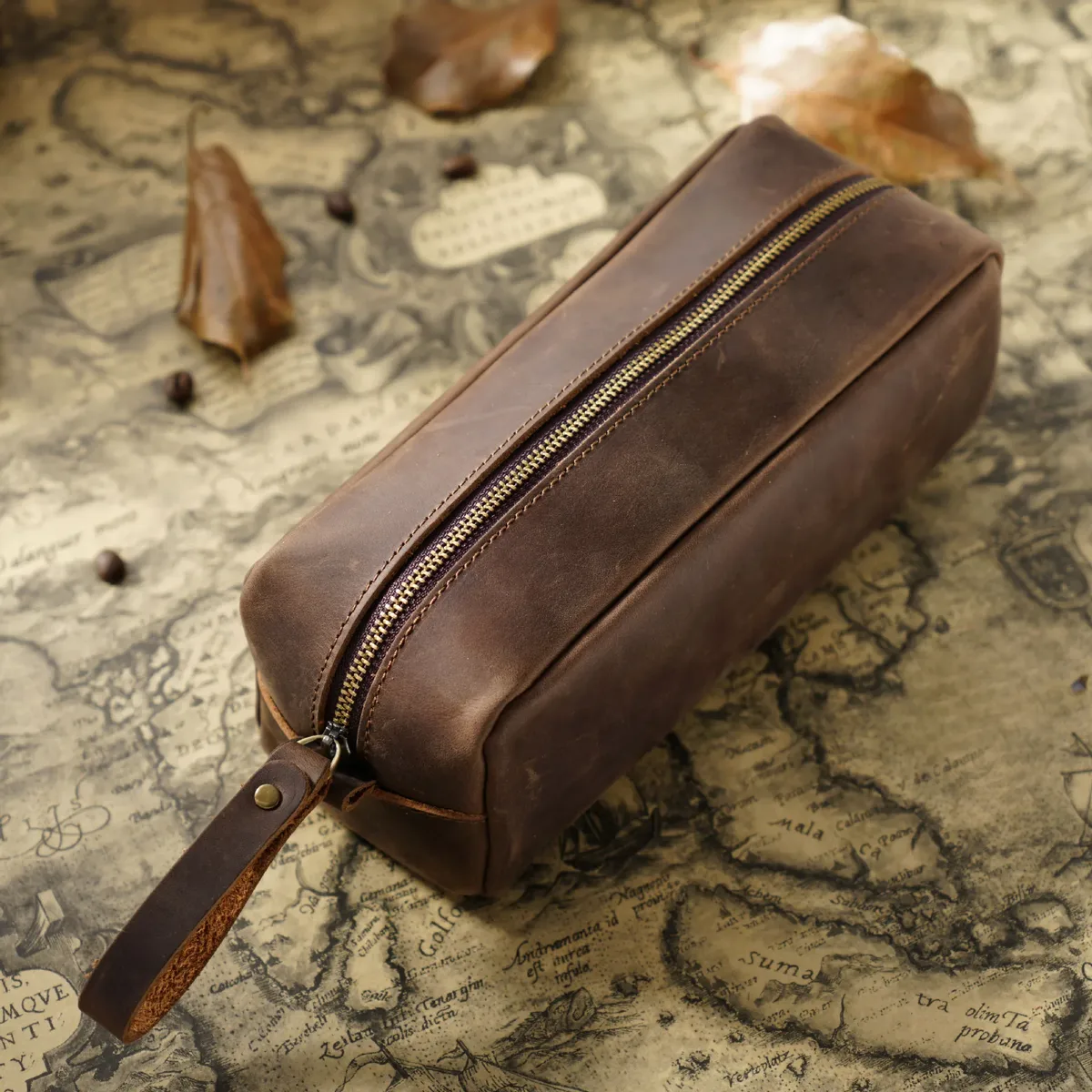 sac de voyage personnalisé en cuir véritable pour cosmétiques, gravure de lettres, pochette vintage en cuir crazy horse, sac de rangement personnalisé
