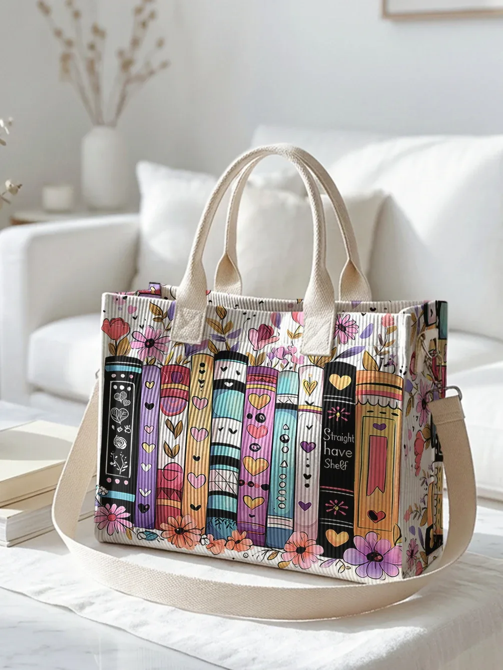 sac fourre-tout en velours côtelé imprimé livres et fleurs colorés, grande capacité, multi-poches, sac à bandoulière pour les trajets quotidiens
