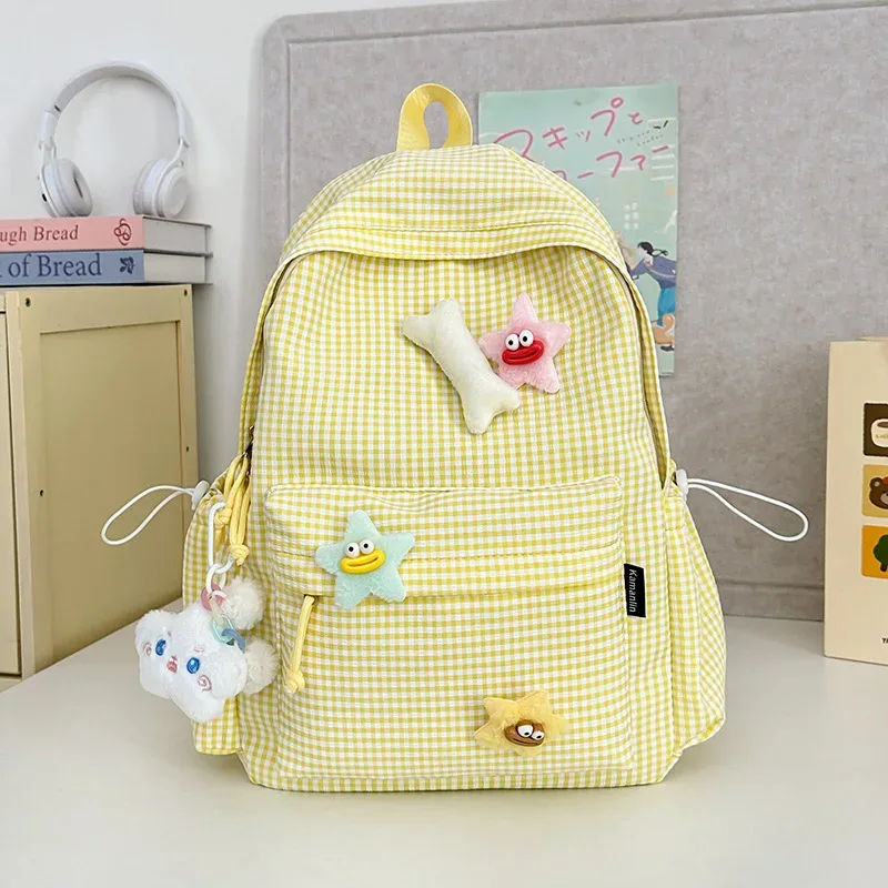 sac à dos pour femme style campus, motif écossais simple, grande capacité, décontracté, pour voyage, sac à double bandoulière en nylon, style frais et doux