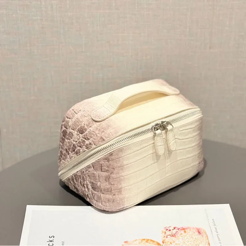 nouveau style européen et américain, trousse de maquillage en cuir de vachette de première qualité à motif crocodile, tendance, en cuir véritable, grande capacité, voyage
