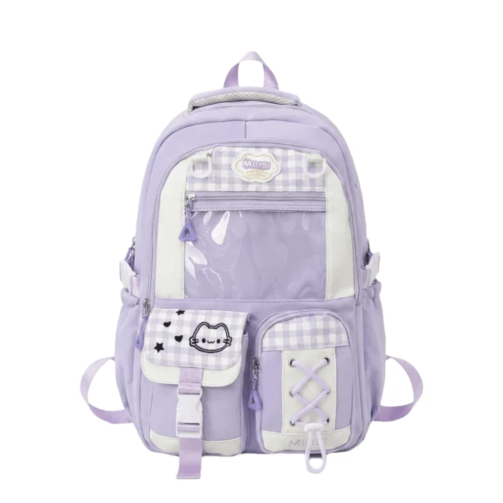 sac à dos scolaire de style preppy à plusieurs compartiments, grande capacité, multi-poches, fermeture éclair, léger, motif à carreaux, sac à dos de jour à blocs de couleurs.