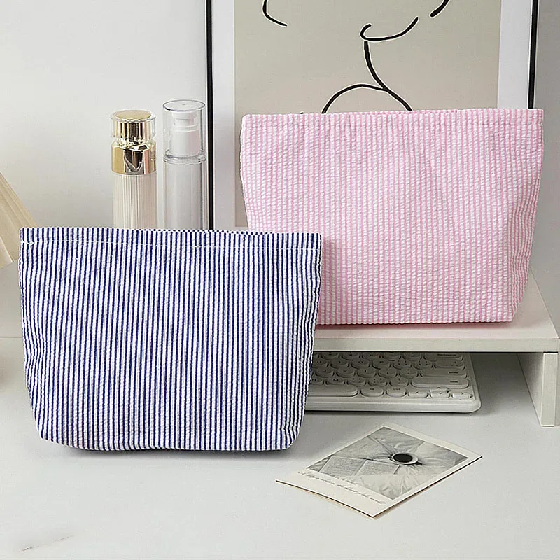 trousse de maquillage en gaze bulle pour femme, sac à main grande capacité, trousse de toilette brodé à rayures, pochette de voyage organisateur