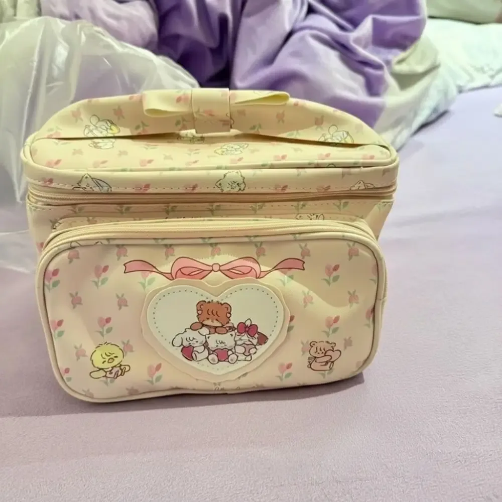 nouvelle trousse de maquillage en pu, grande capacité, portable, imprimé cartoon, sac de rangement carré, trousse de toilette mignonne
