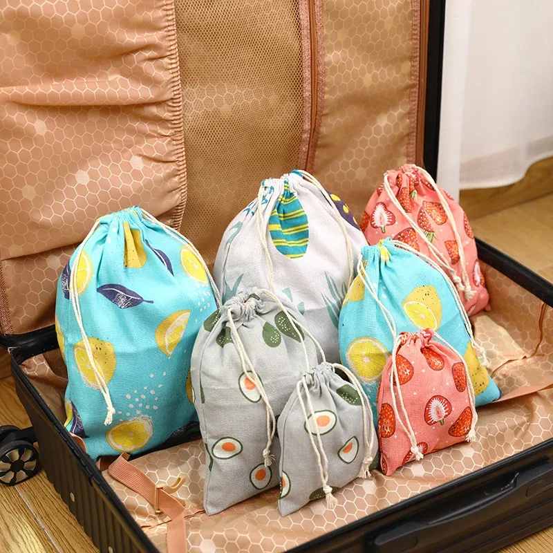 pochette en tissu de coton et de lin, sac à cordon, imprimé de fruits mignons, sac de rangement de chaussures en tissu de voyage pour enfants, étui de maquillage, sac cadeau de noël