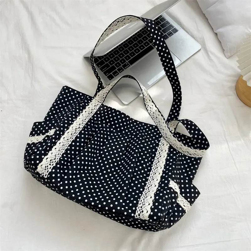 sac à bandoulière en toile vintage coréen pour femmes, fourre-tout en dentelle de grande capacité, sac à main multi-poches, sac sous les bras à points ronds