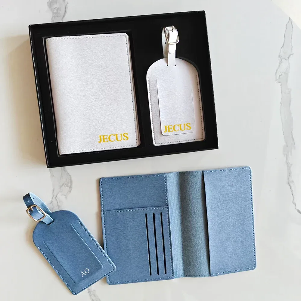 porte-passeport avec initiales personnalisées, ensemble d'étiquettes de valise de luxe, nom personnalisé, logo, cadeau, ensemble d'accessoires de voyage légers avec boîte