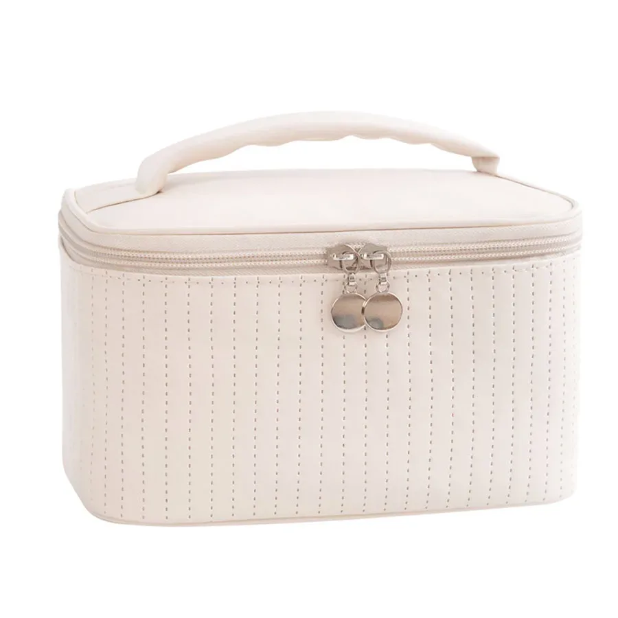 nouvelle trousse de maquillage portable de grande capacité en cuir pu de couleur unie pour femmes, sac de toilette de voyage, organisateur de cosmétiques