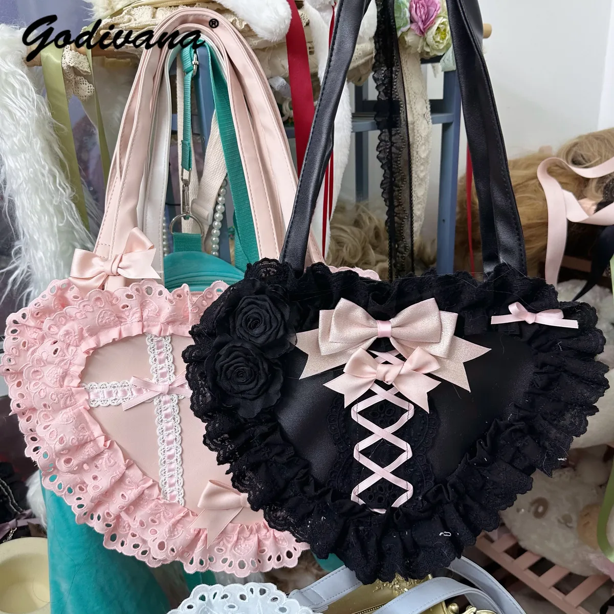 lolita fait à la main amour coeur dentelle fleur mignon sac à bandoulière douce fille étudiants arc fourre-tout sacs à main