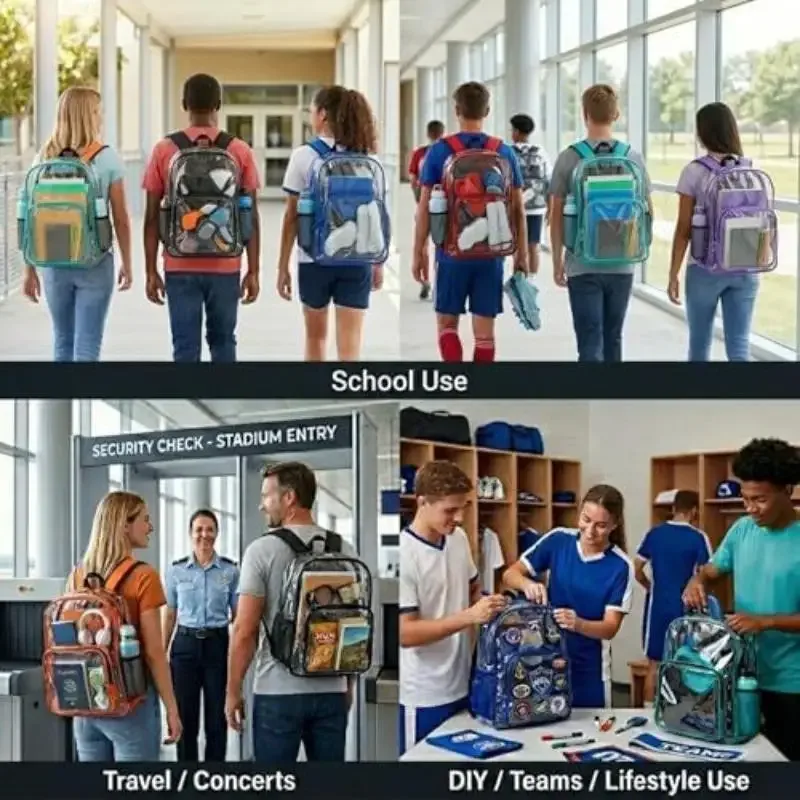 1 sac à dos transparent en pvc imperméable, avec sangles réglables, double fermeture éclair durable, idéal pour les stades de baseball, léger et transparent.