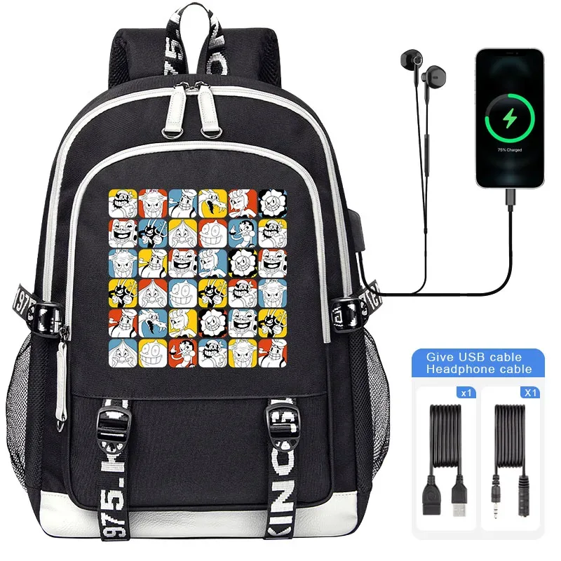 sacoche nylon illustrations cuphead dessin animé noir blanc gris ordinateur portable adolescents étudiants voyager capacité haute bandoulière souple