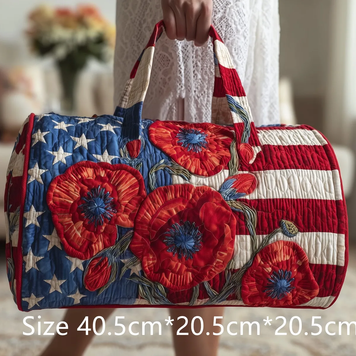 sac de voyage matelassé vintage pour femme, motif étoiles et rayures patriotiques, imprimé 3d roses et cardinaux, sac de week-end, sac de sport, sac de nuit