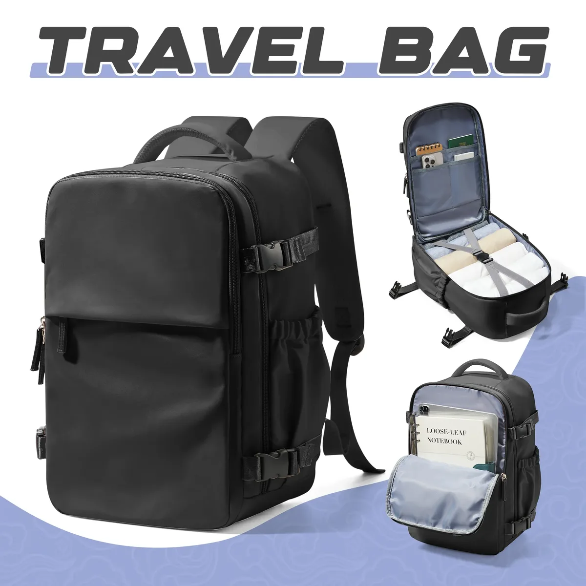 Sac Dos Nylon Noir Poches Latérales Gris Bandoulière Confortable Compartiment Ouvert Usage Voyage Affaires