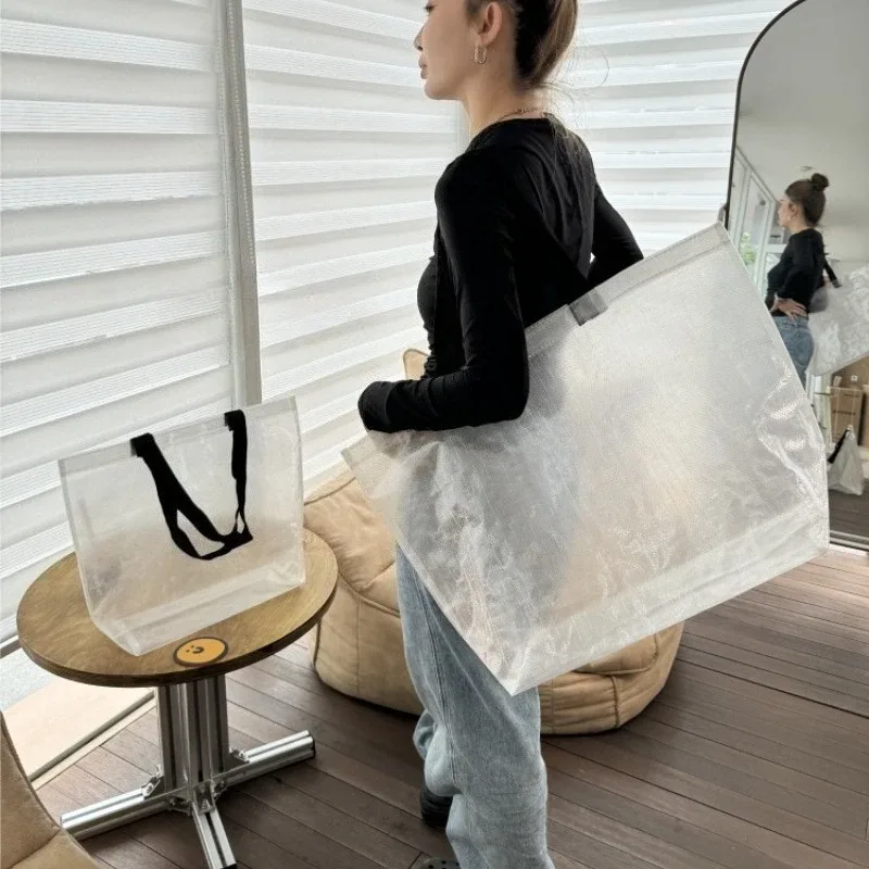 sac fourre-tout tissé transparent, pliable, réutilisable, étanche, pour épicerie, voyage, plage d'été, sac à bandoulière écologique