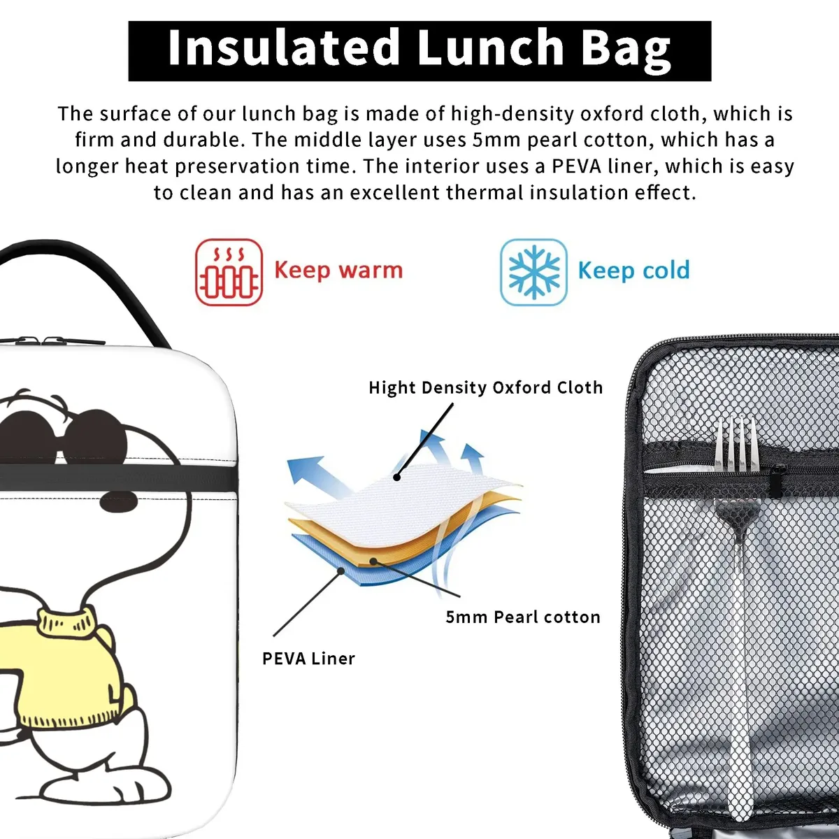 s-dog-snoopies cartoon merch sac isotherme pour le déjeuner, sac isotherme pour le travail, sac de rangement pour aliments, boîtes à déjeuner thermiques portables