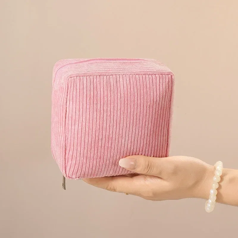 sac de maquillage mignon en velours côtelé pour femmes, petit sac de voyage portable, sacs cosmétiques de couleur unie, sac de toilette à fermeture éclair, pochette de rangement