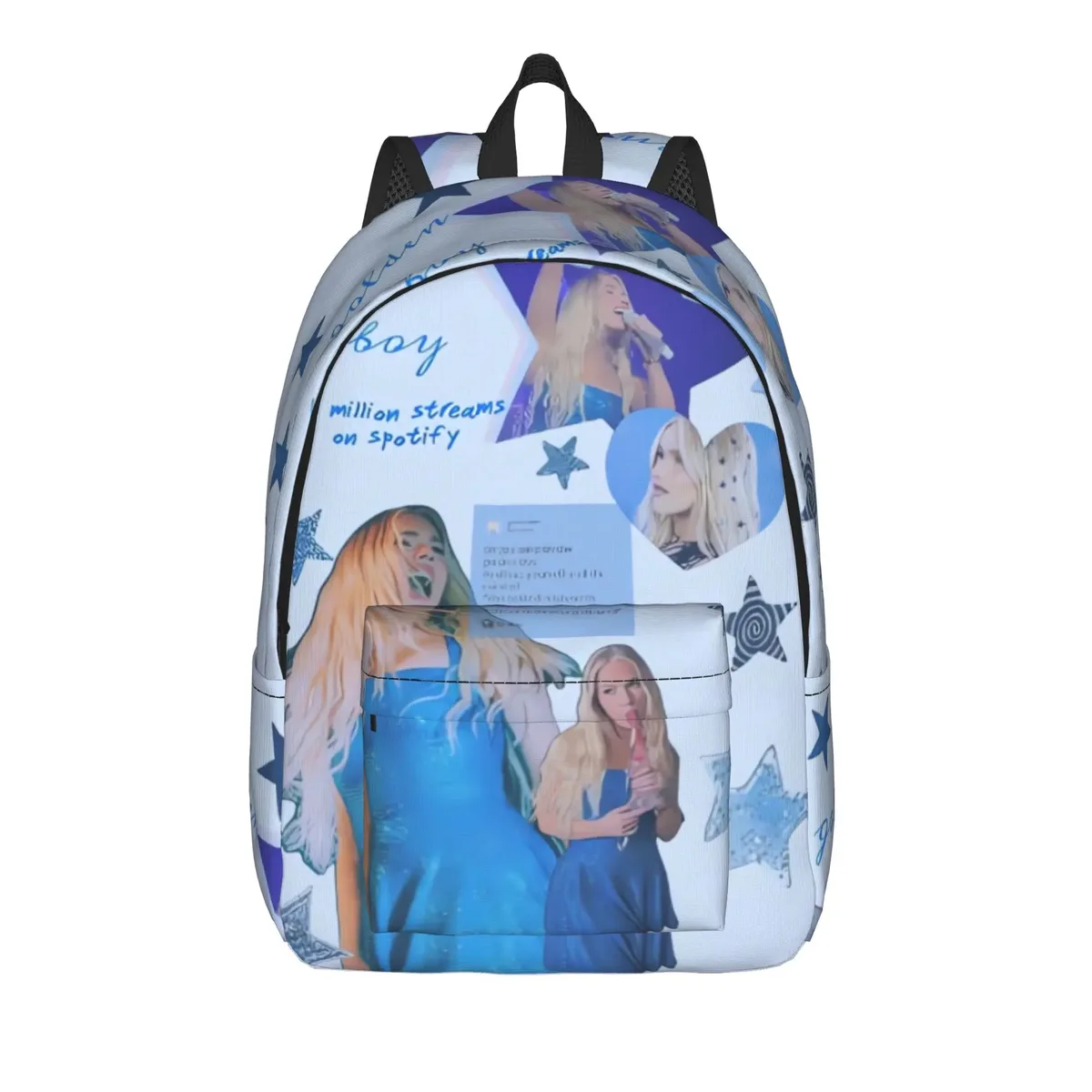 sac à dos freya skye avec patchwork photo et texte bleu, sacs à dos modernes pour garçons, sacs de randonnée souples, sacs d'école secondaire, sac à dos de créateur