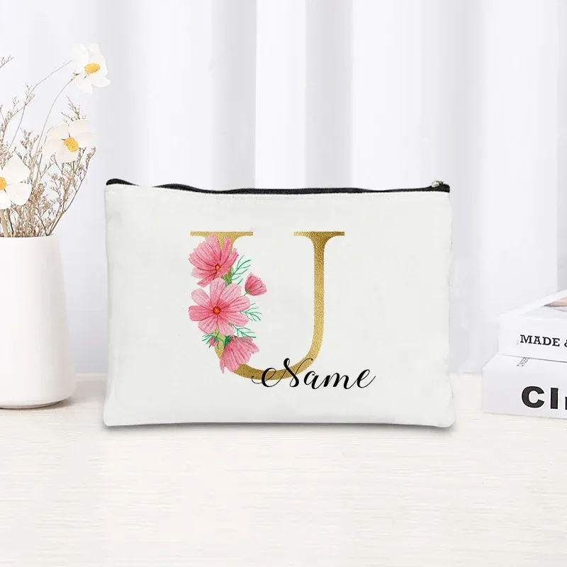grande pochette zippée à motif floral rose et initiales dorées, organisateur d'essentiels de voyage en toile, trousse de maquillage pour enterrement de vie de jeune fille avec sac personnalisé avec nom.