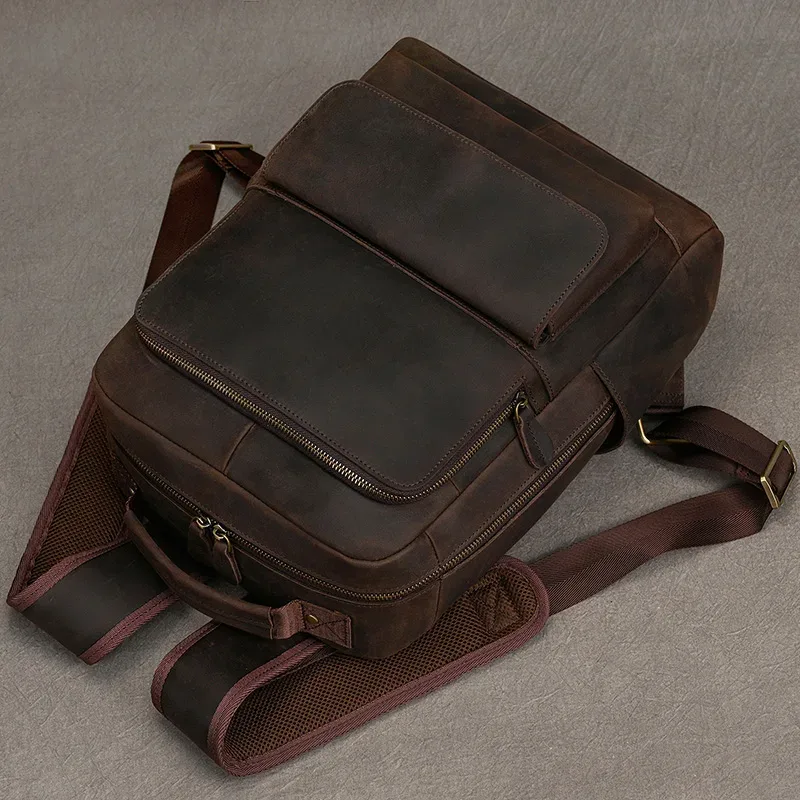 sac dos cuir vache marron vintage robuste bandoulière amovible poches zippees polyester 20 35 litres voyage école affaires