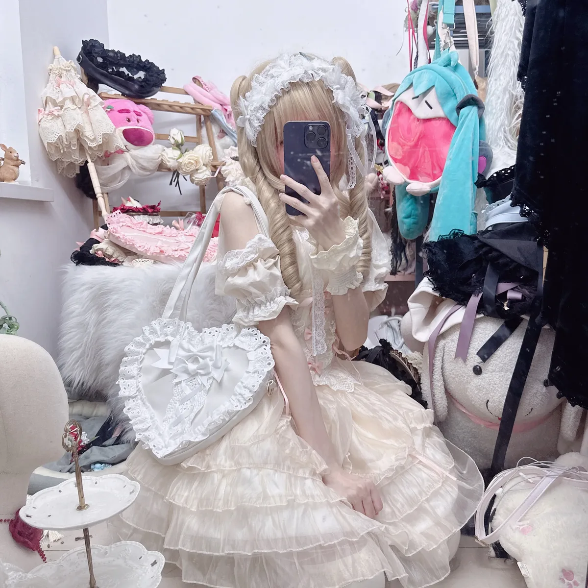 lolita fait à la main amour coeur dentelle fleur mignon sac à bandoulière douce fille étudiants arc fourre-tout sacs à main
