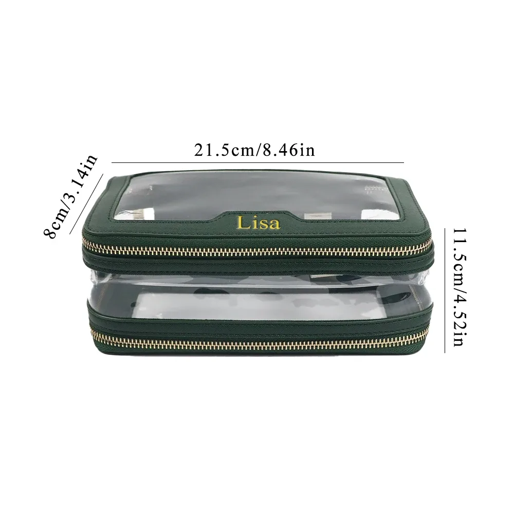 sac de toilette en cuir pu + tpu transparent avec nom personnalisé, trousse de maquillage portable de voyage, sac de rangement étanche de grande capacité