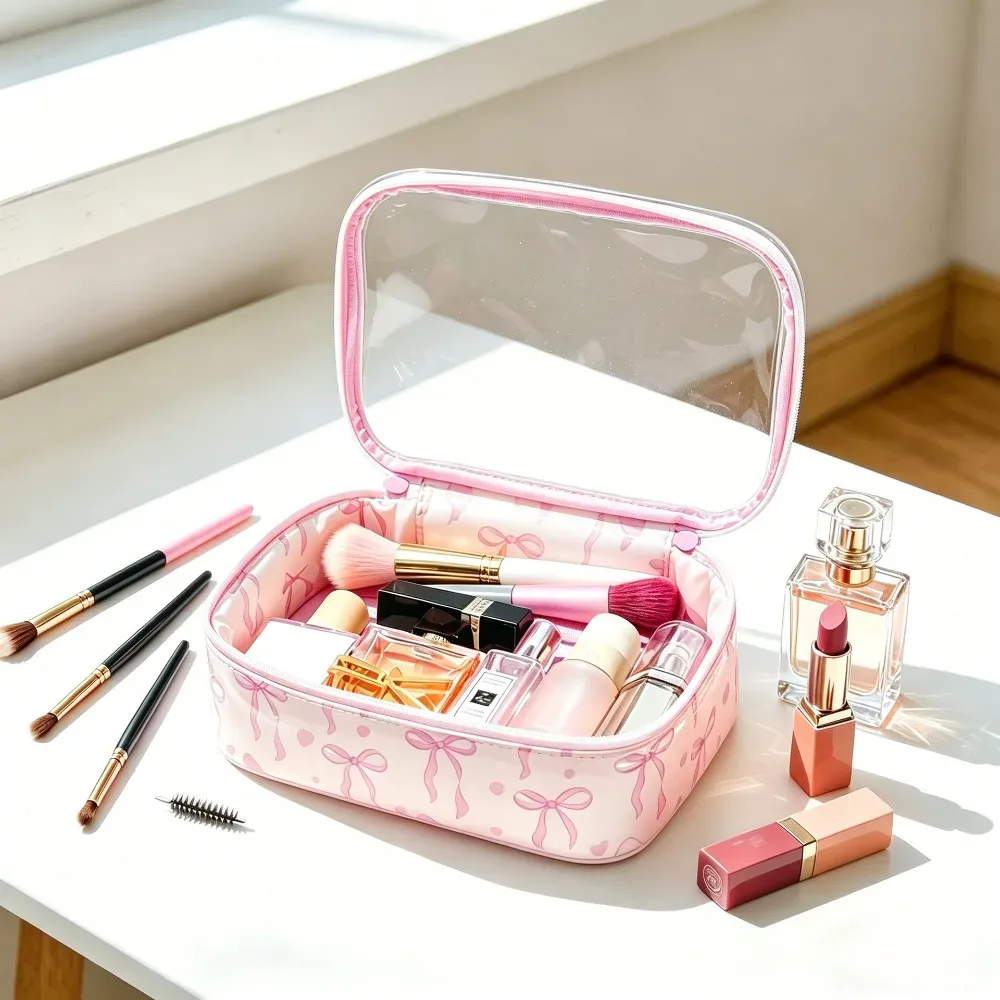 sac de maquillage polyvalent en pvc transparent avec fermeture éclair, sac à cosmétiques imprimé nœud, trousse de toilette de grande capacité pour femmes et filles