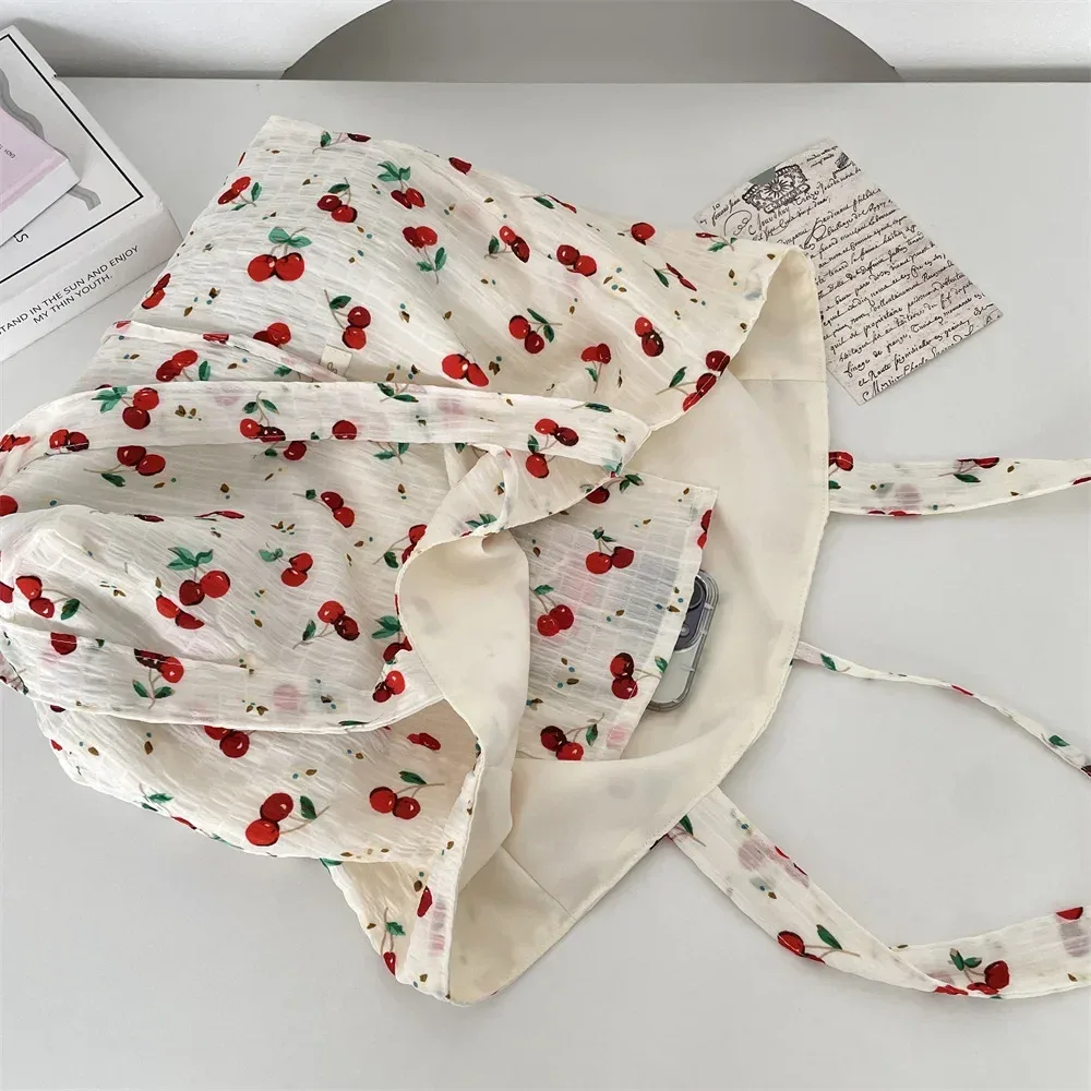 sac de shopping polyvalent pour femmes, sac à bandoulière simple en mousseline de soie imprimé floral frais et doux, fourre-tout de grande capacité pour classe d'étudiant