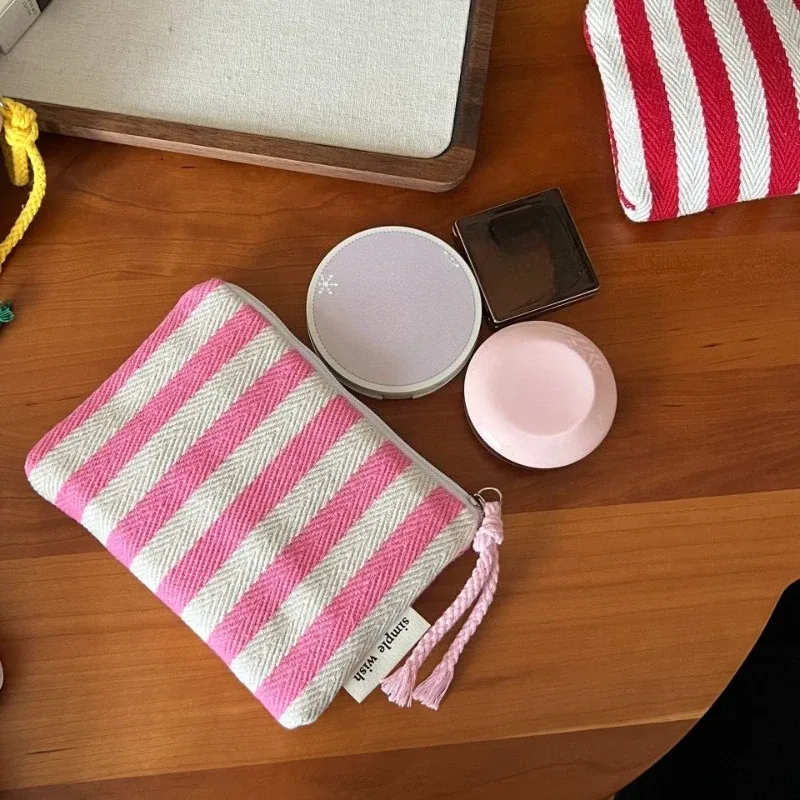 petite trousse de maquillage, mini sacs organisateurs en toile rayée pour femmes, étui à rouge à lèvres, trousse de maquillage, porte-monnaie mignon pour enfants