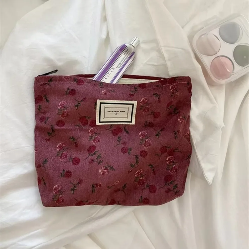 nouvelle trousse de maquillage en velours côtelé grande capacité, sac de voyage portable à motifs floraux pour cosmétiques et articles de beauté