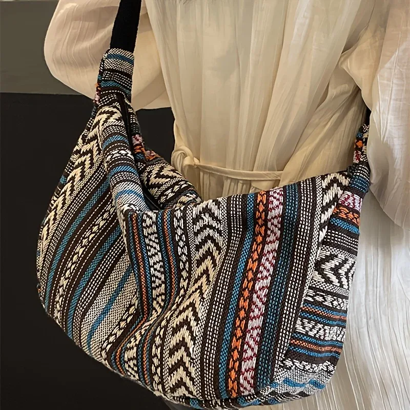 sac à bandoulière de style tribal, bandoulière pliable avec fermeture à glissière, motif rayé, thème drapeau, bord lavable à la main, doublure peinte