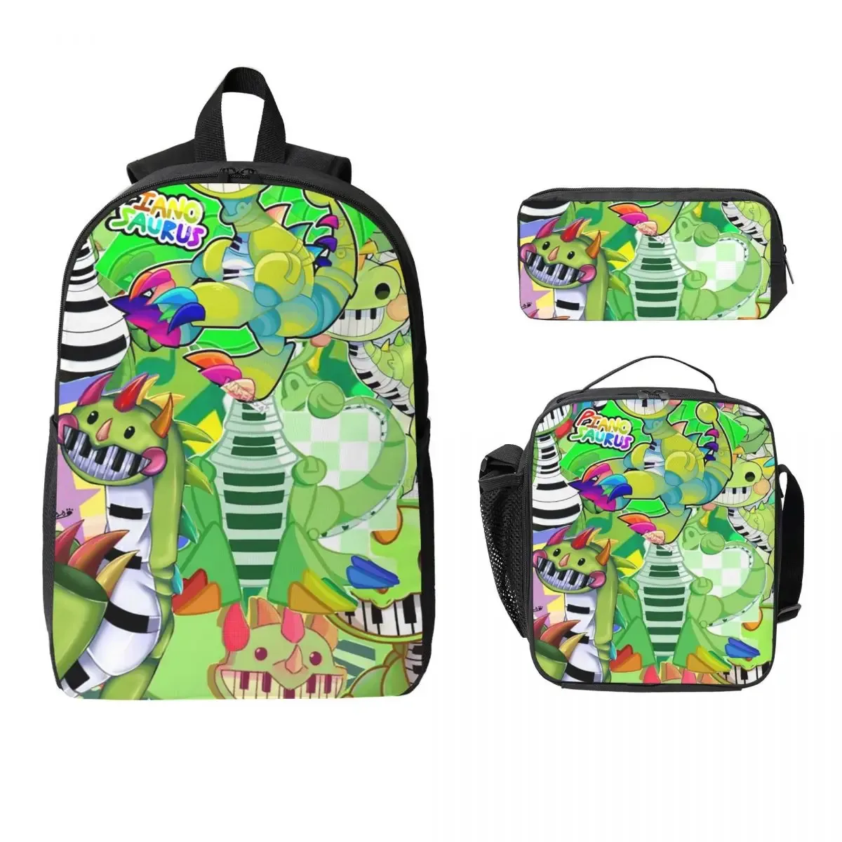 sac à dos doey doughman horror pianosaurus, sac à livres pour étudiants, sac d'école, sacs à bandoulière pour ordinateur portable, 3 pièces, sac à déjeuner isotherme, trousse à crayons