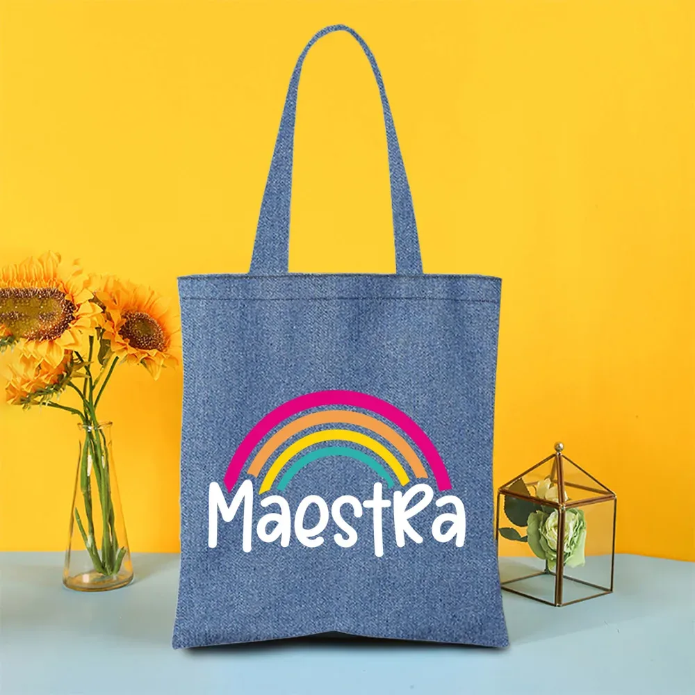 sac fourre-tout en denim peint pour enseignant arc-en-ciel, sacs de shopping pour femmes, sacs à main de voyage, fourre-tout pour la journée des enseignants, cadeaux de remerciement pour les enseignants