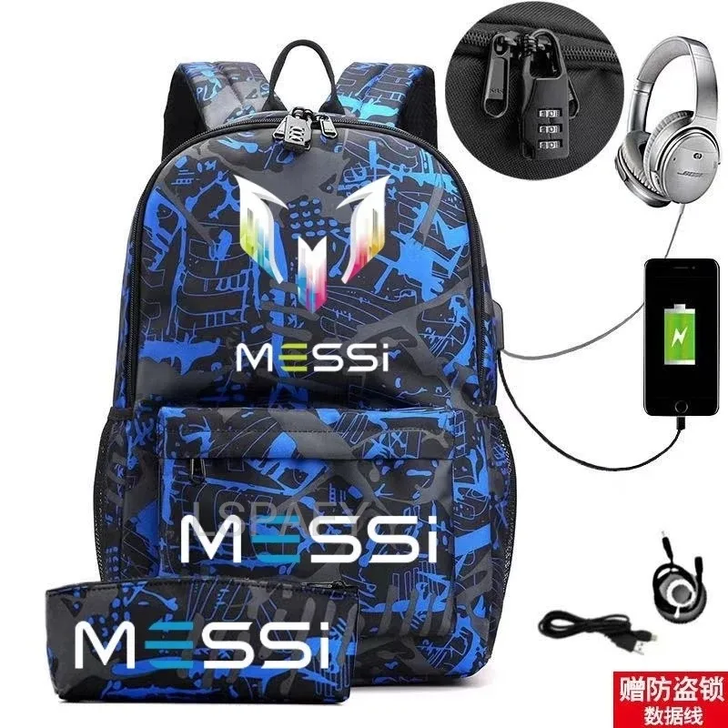 sac à dos messi tendance (lot de 2) – anti-vol, unisexe, simple, pour ordinateur portable, avec port usb, grande capacité, idéal pour les voyages, l'école, les garçons et les filles