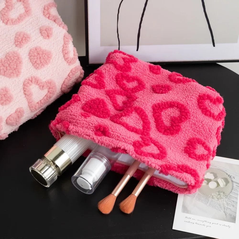 sac de rangement en peluche grande capacité, sac de maquillage portable de voyage, motif cœur, pochette de transport à main, cosmetiquera para maquillaje ravissant