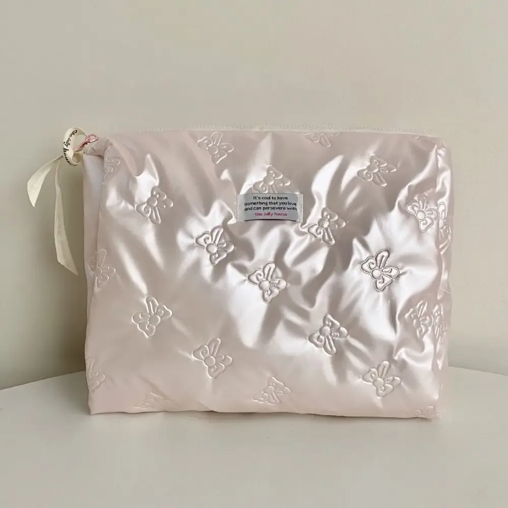 sac à cosmétiques en matériau pu, compartiment de rangement, décoration d'arc, trousse de toilette multifonction à fermeture éclair, sac à main de maquillage, rangement de maquillage
