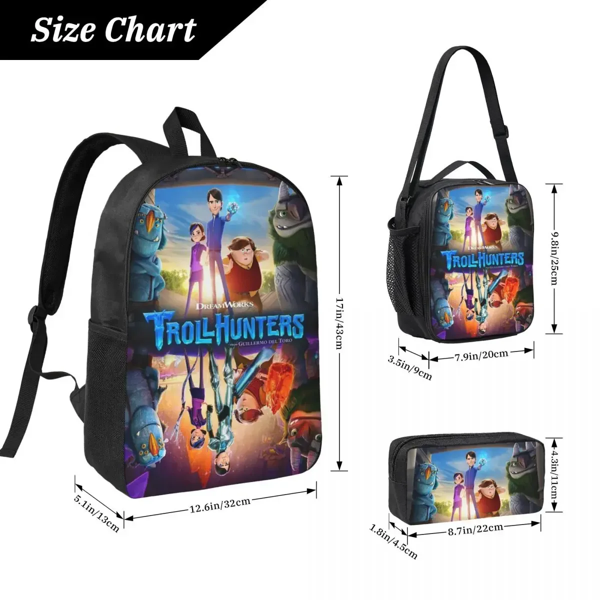 sac dos polyester impression trollhunters noire bandoulières ajustables poches latérales set pique-nique isolation aliments usage écolier voyage