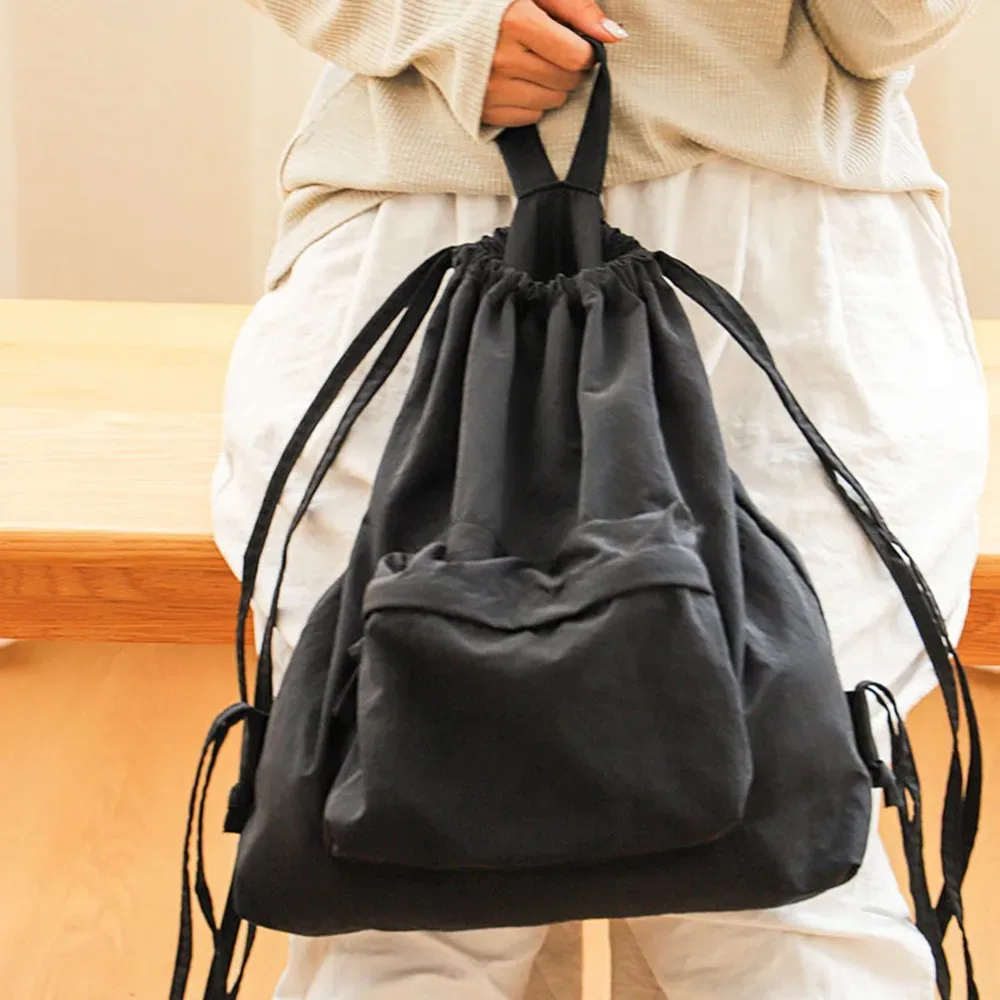 sac à dos portable en nylon avec cordon de serrage, grande capacité, couleur unie, sac à dos décontracté pour les épaules, petit sac de sport