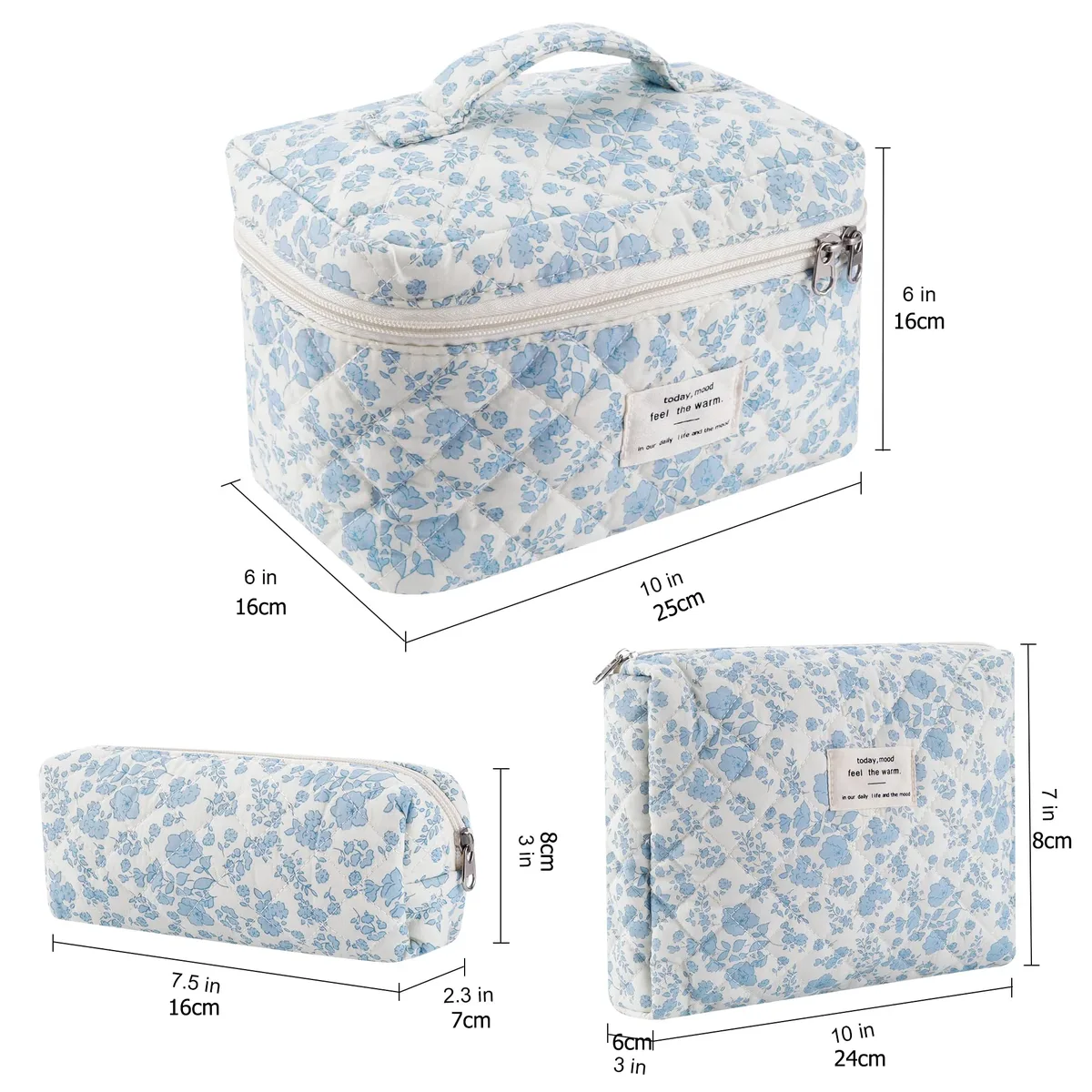 Trousse de maquillage matelassurera en coton pour femme, trousse de toilette portable pour fille, sac à main à fermeture éclair pour femme, trousse cosmétique, évaluation, gril, 3 pièces