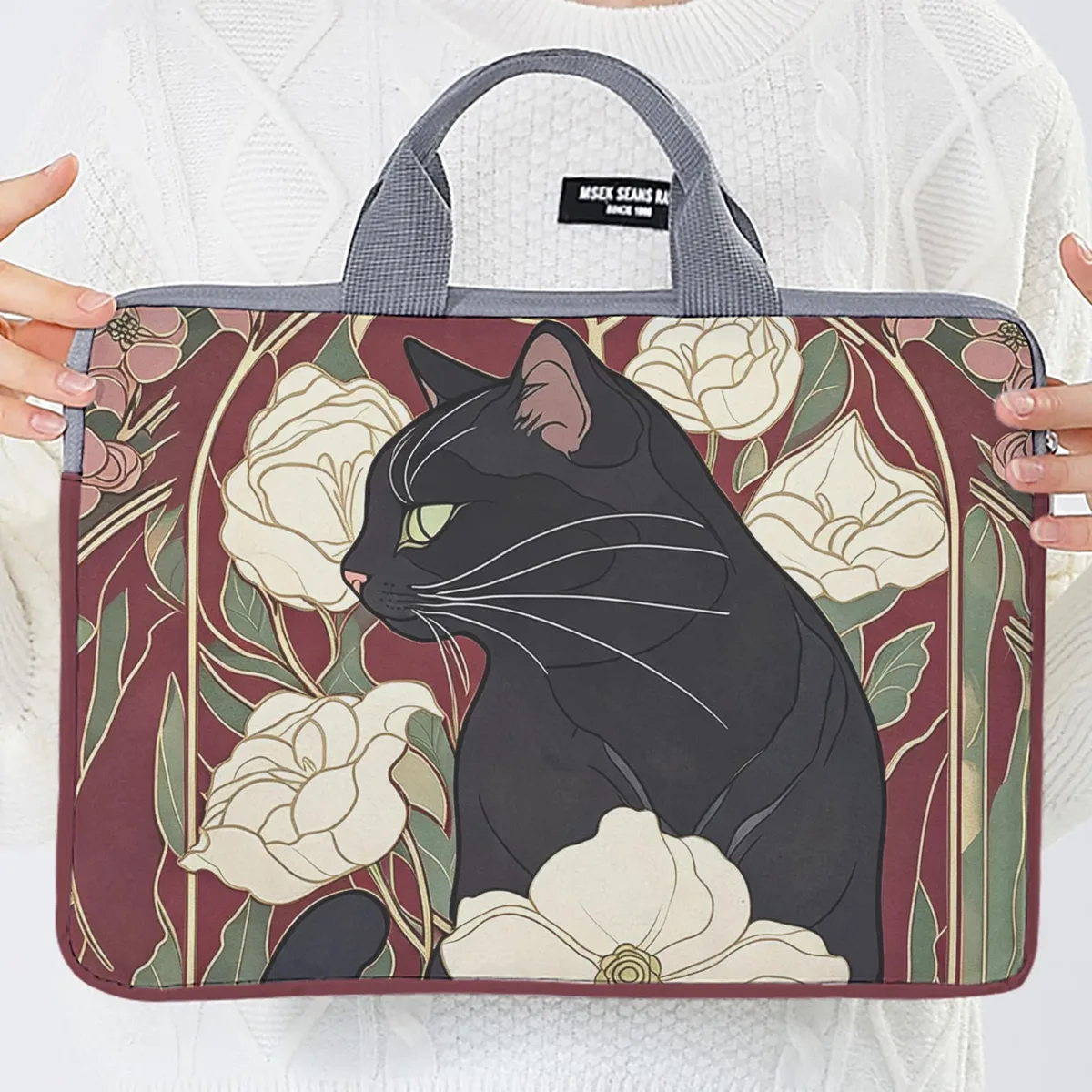 housse ordinateur portable impression chat noir fleurs polyester protection voyage travailler transport document travail