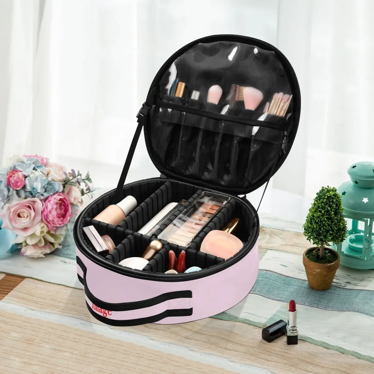trousse à cosmétiques ronde à partition dure pour femmes, trousse de maquillage de voyage, motif personnalisé, valises à cosmétiques, trousse de toilette de maquillage, nouveau