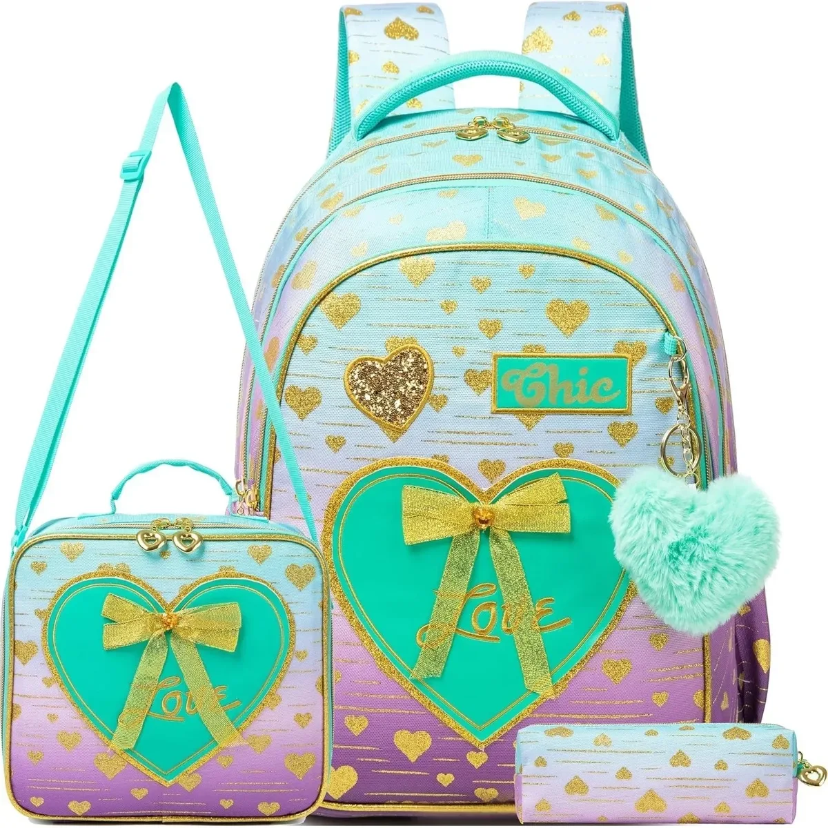 ensemble de 3 sacs à dos d'école pour filles, avec fourre-tout et trousse à crayons, sac à livres primaire léger pour enfants, mochila de retour à l'école