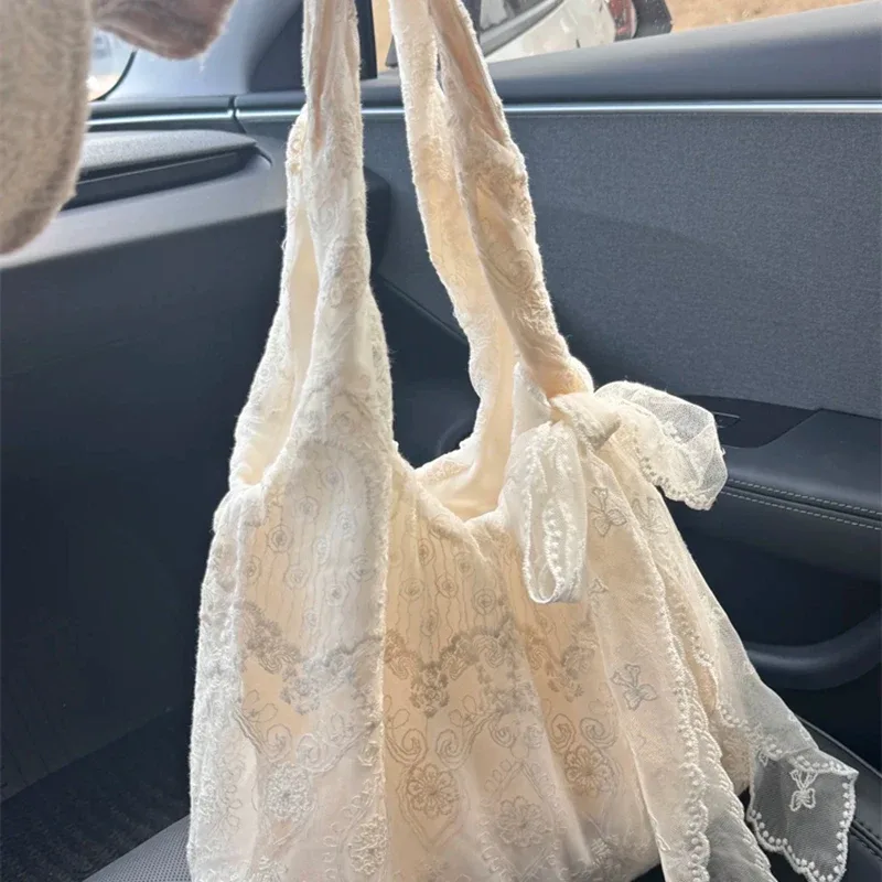 sac fourre-tout en toile style coréen avec dentelle florale, grande capacité, sac à bandoulière pour femme, sac de navetteur, sac de style universitaire