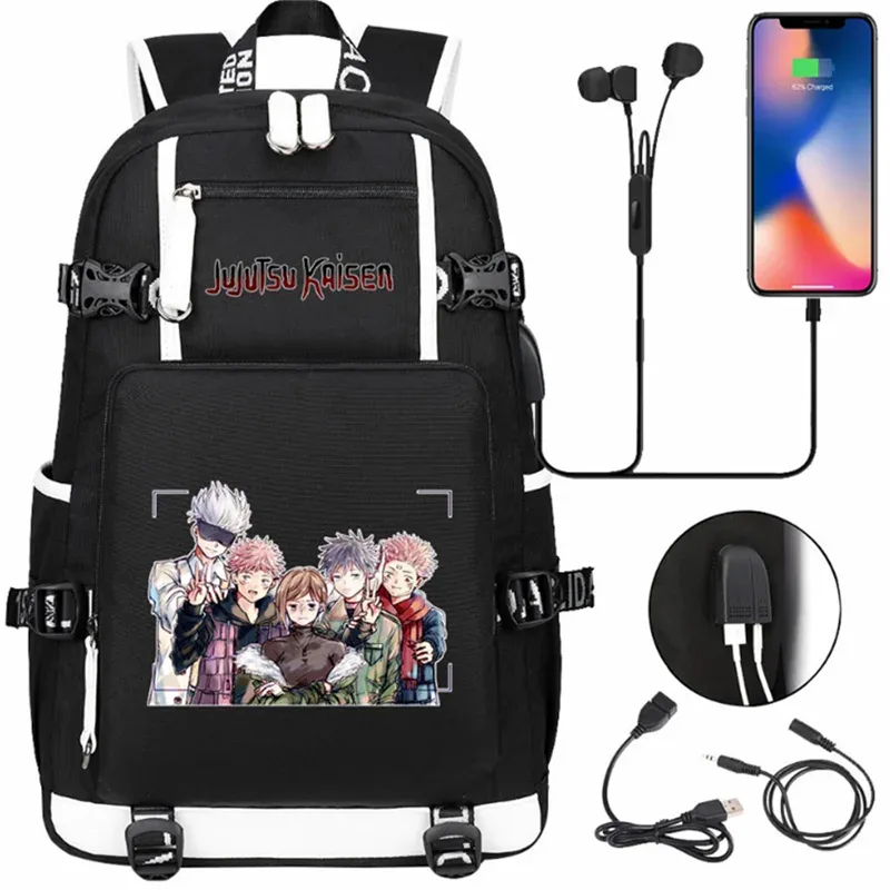 jujutsu kaimmer-sacs à dos college pour hommes et femmes, cartable anime pour adolescents, port de charge usb décontracté, sacs d'extérieur pour ordinateur portable, noir, mochila